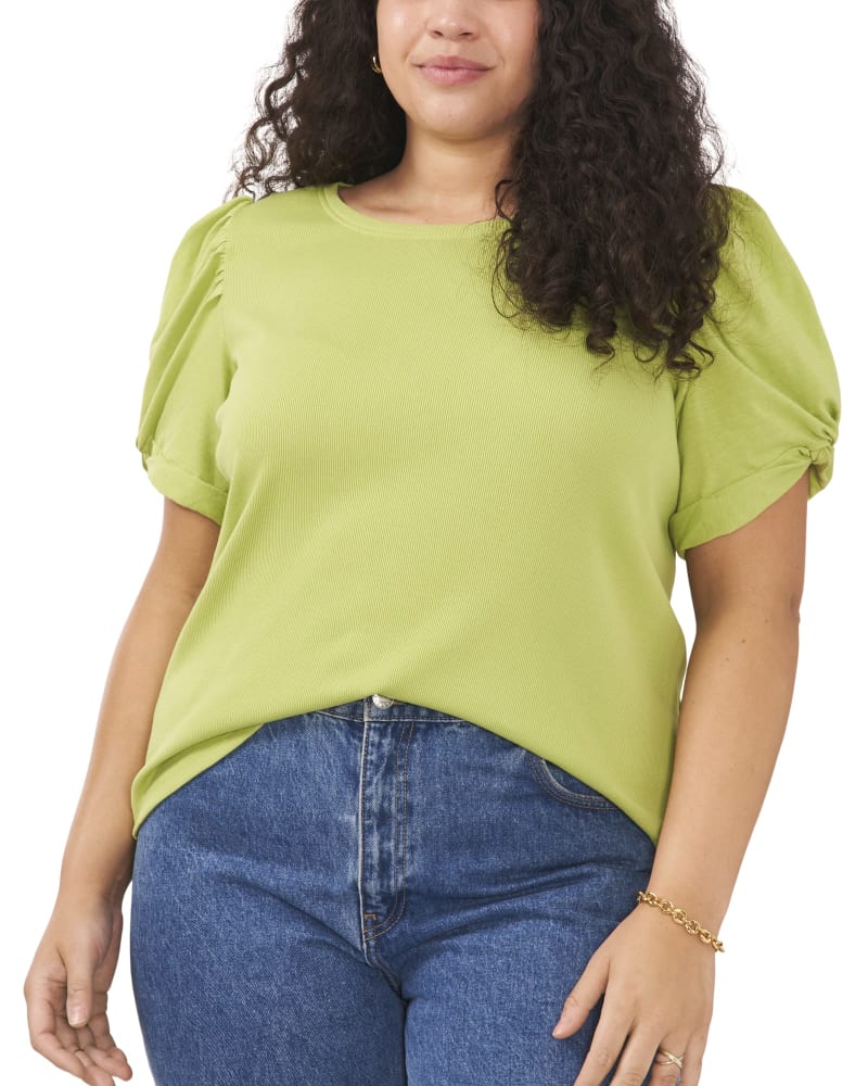Front of a model wearing a size 0X Sheila Puff Sleeve Tee in HERBAL GARDEN by 1.State. | dia_product_style_image_id:262198